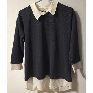 ANN TAYLOR LONG SLEEVE BLACK CREAM DOTS BLOUSE Sz Med Collared Old Money Layered